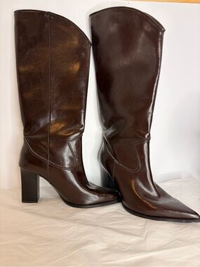 Zara Dark Brown Pointed-Toe Knee Boots with Block Heel